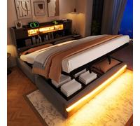 boorbin Cama tapizada, 180 x 200 cm, con enchufe USB c función de carga, tira de iluminación ambiental debajo de la cama, cabecero con compartimento de almacenamiento, cama de almacenamiento