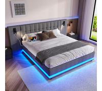 boorbin Cama tapizada, 180 x 200 cm, con tira LED, cabecero con foco, con USB, sin colchón, lino (gris)