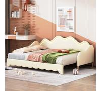 boorbin Cama tapizada 90 (180) x 190 cm, sofá cama multifunción 2 en 1, cama infantil de piel sintética con iluminación LED, con somier (beige)