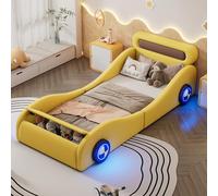 boorbin Cama tapizada, 90 x 200 cm, cama individual, cama infantil, cama juvenil, cama tapizada en forma de coche con ruedas luminosas y espacio de almacenamiento, PU, sin colchón (amarillo)