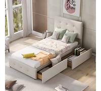 boorbin Cama tapizada, cama con somier, respaldo y dos cajones, tela de terciopelo agradable para la piel, cama individual plana, cama para niños, cama de invitados, 90 x 200 cm (sin colchón) (beige)