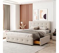 boorbin Cama tapizada, cama de matrimonio con cajones, somier de láminas y respaldo, cama doble de terciopelo agradable al tacto, para adultos y adolescentes, 140 x 200 cm (colchón no incluido)