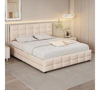 boorbin Cama tapizada, cama doble con 4 cajones, somier de láminas y respaldo, cama doble de terciopelo agradable al tacto, para adultos y adolescentes, 180 x 200 cm (colchón no incluido) (beige)