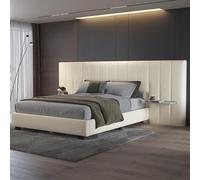 boorbin Cama tapizada, cama doble con cabecero y respaldo extendidos, estantes a ambos lados del cabecero, con somier de láminas, tela aterciopelada, 160 x 200 cm (beige)