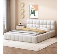 boorbin Cama tapizada, cama doble con respaldo suave, cama plana con borde acolchado, somier de láminas de lino, 140 x 200 cm (colchón no incluido) (beige)