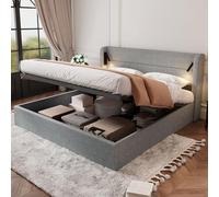 boorbin Cama tapizada, cama doble, espacio de almacenamiento, gran espacio de almacenamiento, cama doble iluminada con luz ambiental, somier de listones de madera, fácil montaje, chenilla (gris claro,