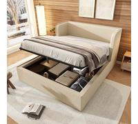 boorbin Cama tapizada, cama doble hidráulica, espacio de almacenamiento con respaldo lateral ancho y funda para marco de cama extraíble, marco de cama con somier y espacio de almacenamiento, lino