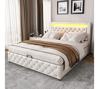 boorbin Cama tapizada, cama funcional con somier de láminas y espacio de almacenamiento, con iluminación LED, función de almacenamiento (blanco, 140 x 200 cm)