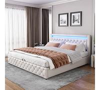 boorbin Cama tapizada, cama funcional con somier y espacio de almacenamiento, con iluminación LED, función de almacenamiento, color blanco, 180 x 200 cm