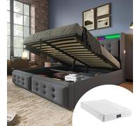 boorbin Cama tapizada, cama individual con cabecero LED y función de carga USB C, cama hidráulica con somier de láminas de madera y marco de metal, capacidad de carga de 150 kg, algodón, con colchón