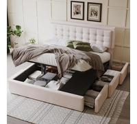 boorbin Cama tapizada con 3 cajones, cama hidráulica, cabecero de tirador, somier, cama doble, gran almacenamiento, lino (beis, 160 x 200 cm)