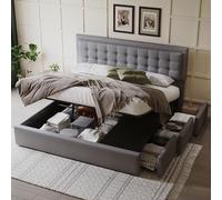 boorbin Cama tapizada con 3 cajones, cama hidráulica, cabecero de tirador, somier, cama doble, gran almacenamiento, lino (gris, 180 x 200 cm)