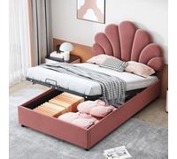 boorbin Cama tapizada con cabecero de flores y somier de láminas, con cabecero de altura regulable y espacio de almacenamiento hidráulico, tela aterciopelada agradable al tacto, 90 x 200 cm (rosa)