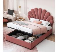boorbin Cama tapizada con cabecero floral y somier de láminas, cabecero de altura regulable y almacenamiento hidráulico, cama doble junior, tela aterciopelada agradable al tacto, 140 x 200 cm (rosa)