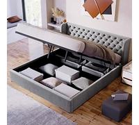 boorbin Cama tapizada con forma de orejas, tela de terciopelo, costuras de botones grandes, cama doble de 180 x 200, cama funcional hidráulica con somier y espacio de almacenamiento, la parte inferior