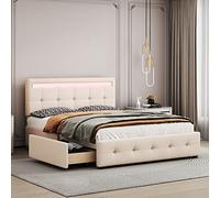 boorbin Cama tapizada con LED, somier de láminas y cajonera con ruedas, cama individual con cabecero y 4 cajones, acabado de lino, cama infantil, 140 x 200 cm (sin colchón) (beige)