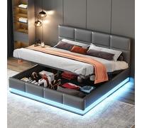 boorbin Cama tapizada con LED, somier de listones de metal y cajón, cama doble con cabecero tapizado ajustable y espacio de almacenamiento hidráulico, 160 x 200 cm (sin colchón) (gris)