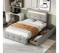 boorbin Cama tapizada con luces LED, 2 cajones, acolchado de lino agradable para la piel, cama individual, cama infantil, cama de invitados, 90 x 200 cm (gris)