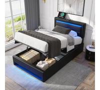 boorbin Cama tapizada con puerto USB (soporta carga inalámbrica y cable) con iluminación LED y espacio de almacenamiento, sin colchón, patrón de litchi de poliuretano (negro, 90 x 190 cm)