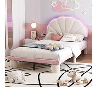 boorbin Cama tapizada con rayas de luz cambiantes multicolores, cabecero con borde ondulado, con patas redondas acolchadas, cuna con listones de madera, cama individual, terciopelo, 90 x 200 cm