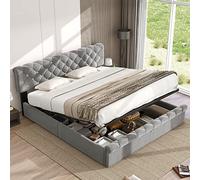 boorbin Cama tapizada con somier de láminas y cabecero, cama tapizada con cabecero de altura ajustable, para adultos y jóvenes, soporte de listones de madera, fácil montaje, terciopelo (gris, 180 x