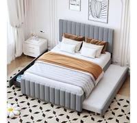 boorbin Cama tapizada de 140 x 190 cm con cama nido, con dos cajones, cama doble plana en tela de terciopelo agradable a la piel, para niños, cama de invitados, color gris