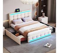 boorbin Cama tapizada de 140 x 200 cm, cama acolchada LED con 4 cajones y 2 estaciones de carga USB, marco de cama con cabecero LED, cama acolchada con espacio de almacenamiento, tela de lino (beige)