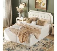 boorbin Cama tapizada de 140 x 200 cm, cama doble con somier de láminas de metal, gran espacio de almacenamiento, se puede abrir por ambos lados (blanco)