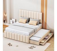 boorbin Cama tapizada de 140 x 200 cm con cama nido y cajones, tapizado de lino respetuoso con la piel, cama doble, cama infantil, cama juvenil, cama de invitados, color beige