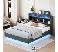 boorbin Cama tapizada de 140 x 200 cm con enchufe USB y luz LED, cabecero reversible, reposapiés oculto, cama doble plana, cama adolescente, cama de adulto, tela de lino (gris)
