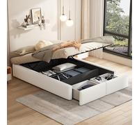 boorbin Cama tapizada de 140 x 200 cm, con plataforma, cama tapizada sin cabecero, con almacenamiento hidráulico y 2 cajones (blanco, 203 x 141 x 32 cm)
