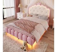 boorbin Cama tapizada de 140 x 200 cm con somier (sin colchón), luz ambiental con mando a distancia, forma de princesa heredera, material PU (rosa-1, 140 x 200 cm)