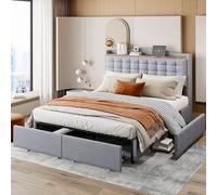 boorbin Cama tapizada de 140 x 200 cm, mesita de noche con puerto de carga USB y estante, cama doble plana con 4 cajones, tela de lino (gris)