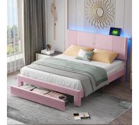 boorbin Cama tapizada de 160 x 200 cm, cama doble con barra de luz y conector USB, respaldo y cajón grande, cama doble de terciopelo agradable para la piel, adecuada para adultos y jóvenes (rosa)