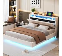boorbin Cama tapizada de 160 x 200 cm con enchufe USB y luz LED, cabecero reversible, cabecero oculto, cama doble plana, cama adolescente, cama de adulto, tela de lino (beige)