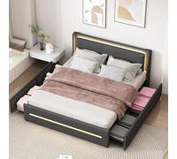 boorbin Cama tapizada de 160 x 200 cm con iluminación LED que cambia de color, con cuatro estantes, tela de lino, cama doble plana con somier, gris (colchón no incluido)