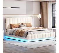 boorbin Cama tapizada de 160 x 200 cm con LED, somier de metal y cajón, cama doble con cabecero acolchado en altura y espacio de almacenamiento hidráulico, color blanco (sin colchón)