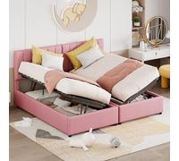 boorbin Cama tapizada de 180 x 200 cm, cama de almacenamiento hidráulica, de lino, hipoalergénica, cama doble multifuncional (rosa)