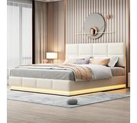 boorbin Cama tapizada de 180 x 200 cm con iluminación LED y espacio de almacenamiento hidráulico, caja de cama y somier, funda de piel sintética, cama doble para adultos (beige)
