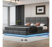 boorbin Cama tapizada de 180 x 200 cm con iluminación LED y espacio de almacenamiento hidráulico, caja de cama y somier, funda de piel sintética, cama doble para adultos (gris)