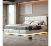 boorbin Cama tapizada de 180 x 200 cm con iluminación LED y espacio de almacenamiento hidráulico elevable, caja de cama y somier, funda de piel sintética, cama doble para adultos, color blanco