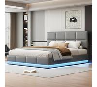 boorbin Cama tapizada de 180 x 200 cm con iluminación LED y espacio de almacenamiento hidráulico elevable de cama, caja de cama y somier, funda de piel sintética, cama doble para adultos (gris claro)