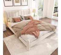 boorbin Cama tapizada de 180 x 200 cm con somier y cabecero, elegante cabecero en forma de abanico, patas de apoyo cilíndricas, terciopelo, color beige, 180 cm x 200 cm