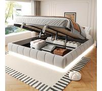 boorbin Cama tapizada de 180 x 200 cm, sin cabecero, con barra de luz LED (monocolor), marco flotante hidráulico con espacio de almacenamiento, cama individual, cama juvenil (beige)