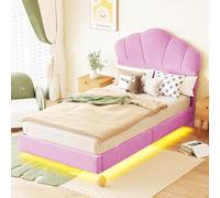 boorbin Cama tapizada de 90 x 200 cm, con barra de luz LED, cabecero en forma de nube, diseño de reposapiés oculto, cuna, cama de niño y niña, cama juvenil, tela de terciopelo (sin colchón) (rosa)