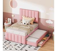 boorbin Cama tapizada de 90 x 200 cm con cama plegable y cajones de almacenamiento, acolchado de lino respetuoso con la piel, cama individual, cama infantil, cama juvenil, cama de invitados (rosa)