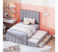 boorbin Cama tapizada de 90 x 200 cm con cama plegable y cajones de almacenamiento, acolchado de lino respetuoso con la piel, cama individual plana, cama infantil, cama juvenil, cama de invitados