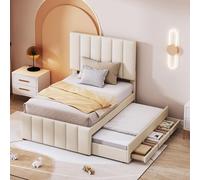 boorbin Cama tapizada de 90 x 200 cm con cama plegable y cajones de almacenamiento, acolchado de lino agradable al tacto, cama individual, cama infantil, cama juvenil, cama de invitados (beige)