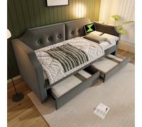 boorbin Cama tapizada de 90 x 200 cm con luz de lectura USB tipo C, sofá cama con 2 cajones de almacenamiento, cama infantil, cama juvenil con somier de madera, terciopelo (gris)