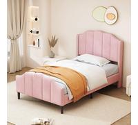 boorbin Cama tapizada de 90 x 200 cm, marco de cama infantil con cabecero, reposapiés y somier, color rosa